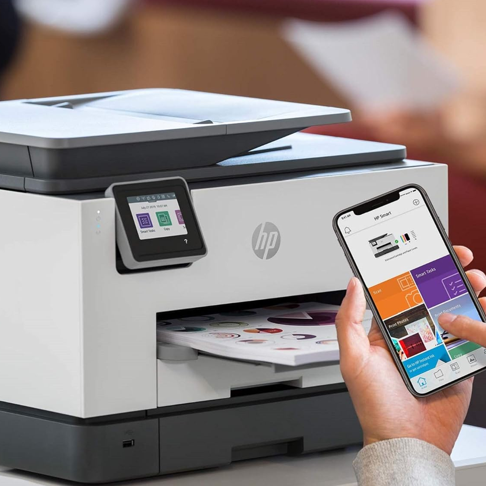 Impresora HP Multifuncion Officejet Pro 9020 imprime, copia, escanea, fax Pantalla tactil a color, duplex en ADF e impresion,doble bandeja, 22 ppm negro y 18 ppm en color Usb-Wifi-Ethernet Reformada para que trabaje sin chip