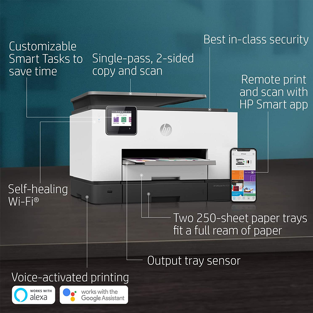 Impresora HP Multifuncion Officejet Pro 9020 imprime, copia, escanea, fax Pantalla tactil a color, duplex en ADF e impresion,doble bandeja, 22 ppm negro y 18 ppm en color Usb-Wifi-Ethernet Reformada para que trabaje sin chip