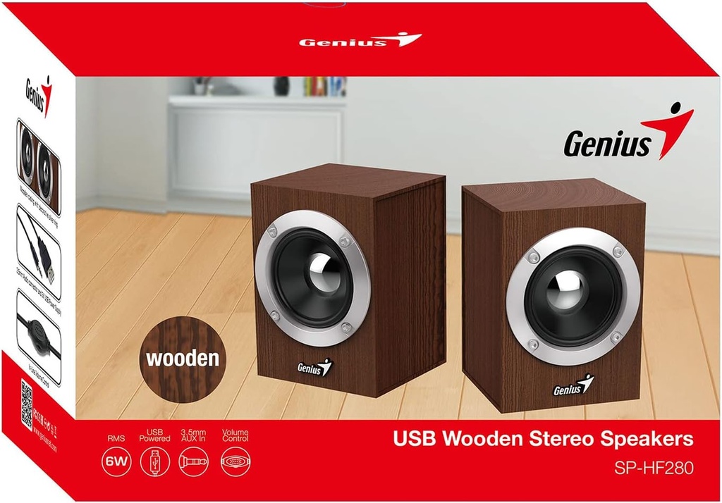 Parlante Stereo Genius SP-HF280,  6w, Usb, Control de Volumen, Madera