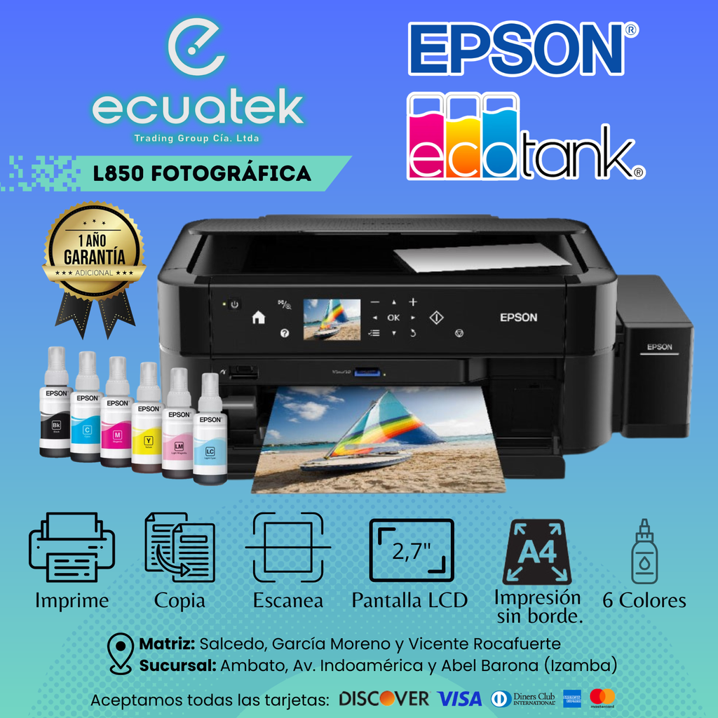 Impresora Multifuncion Epson L850, 6 colores, Pantalla, Foto- Cd-Dvd, PVC printer Ink Jet, sistema original