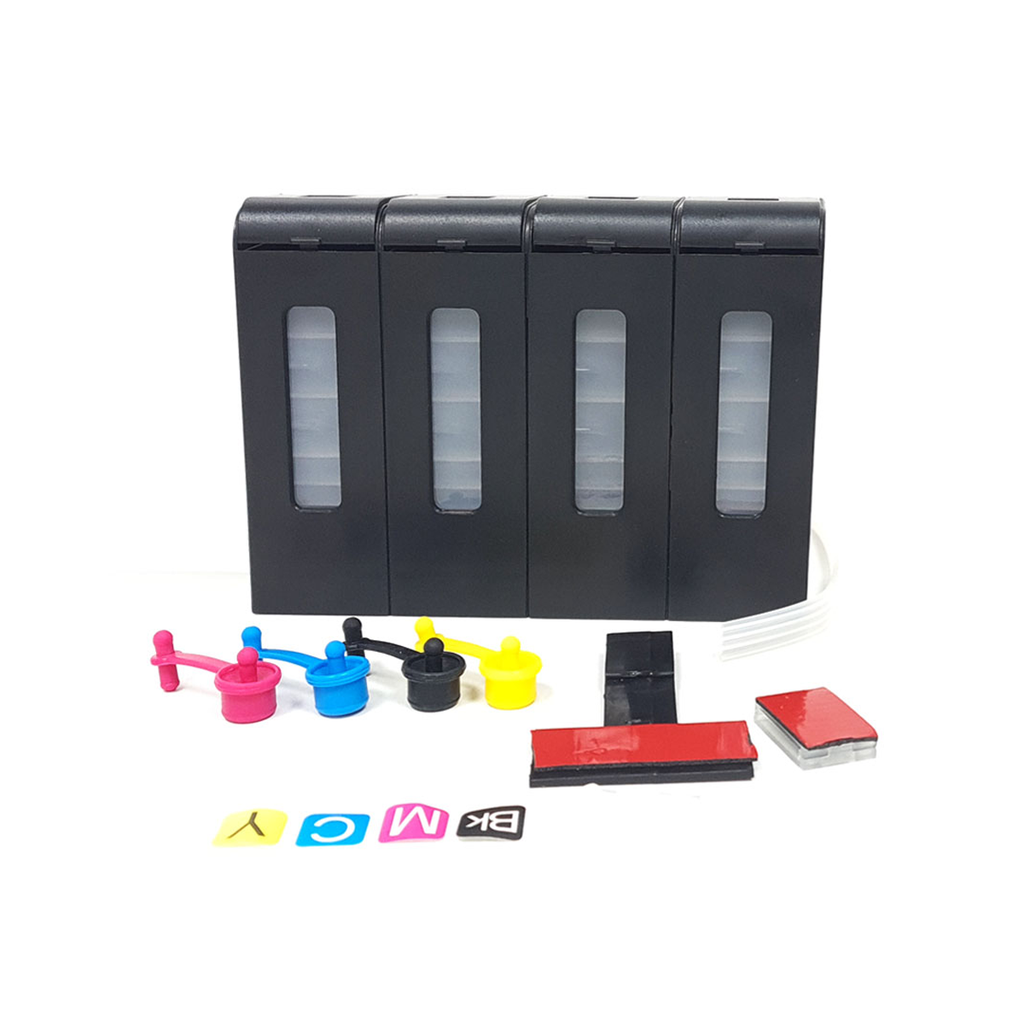 Sistema Continuo Tipo original, Vacio, 4 colores CON tapa individual para cada color de tinta, incluye: 4 codos, empaques, etiquetas, tapones 1: T de sujecion, vincha