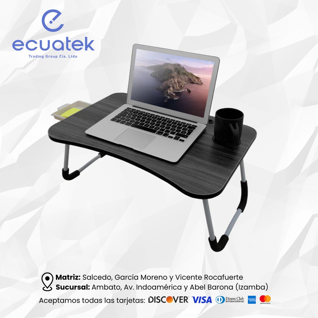 Mini Mesa para Laptop 48cm*22cm, estable. Colores Gris Maderado, Celeste y Rosado