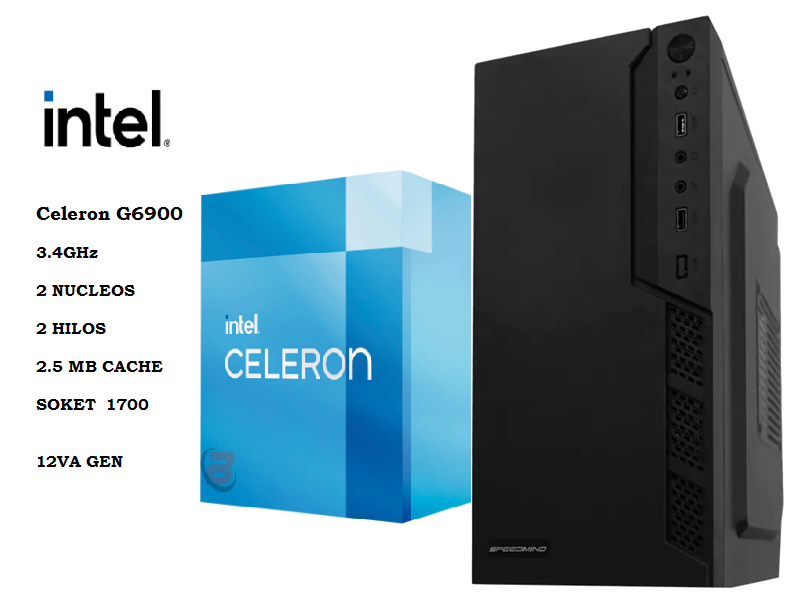 Cpu Intel Celeron G6900  3.4 GHz 12Va Gen, 8Gb Ram,  500Gb HDD+ 128Gb SSD, Hdmi, 2 puertos Usb 2.0, Windows 10 64 bits, Incluye Mouse+teclado+audifonos, Nuevo, 1 año de garantia