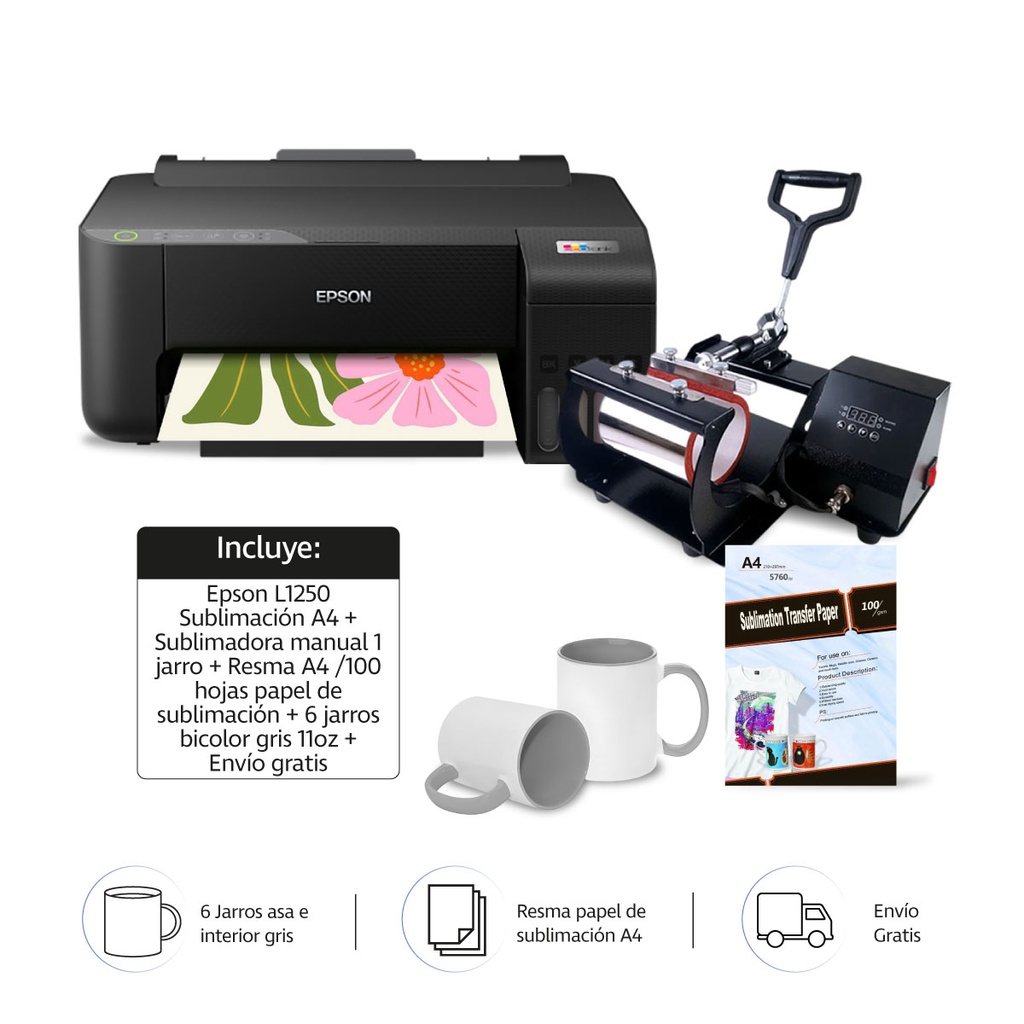 Combo de Sublimacion: Epson L1250 A4 + Sublimadora manual de 1 jarro/11oz