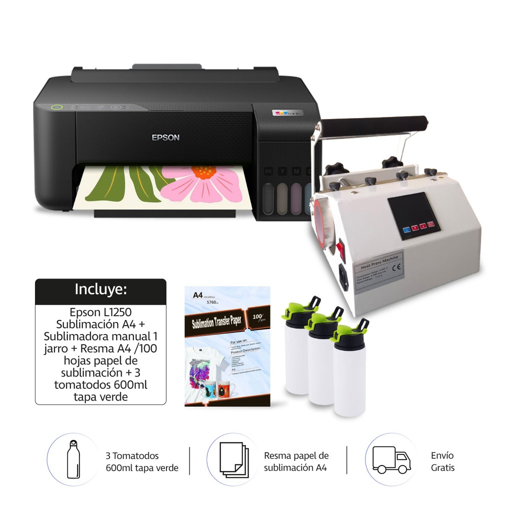 Combo de Sublimacion: Epson L1250 A4 + Sublimadora manual de jarros/30oz FRENTE RECTANGULAR
