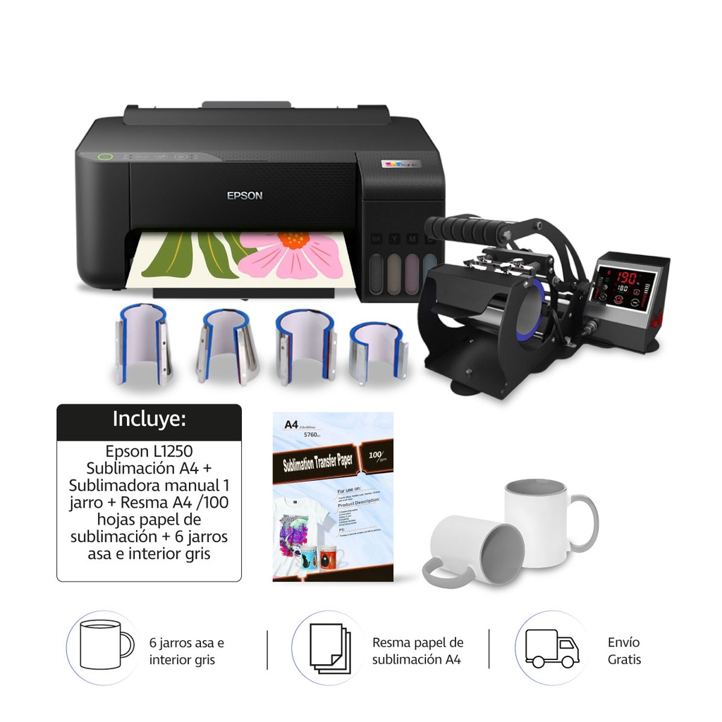 Combo de Sublimacion: Epson L1250 A4 + Sublimadora manual de jarros 5 en 1