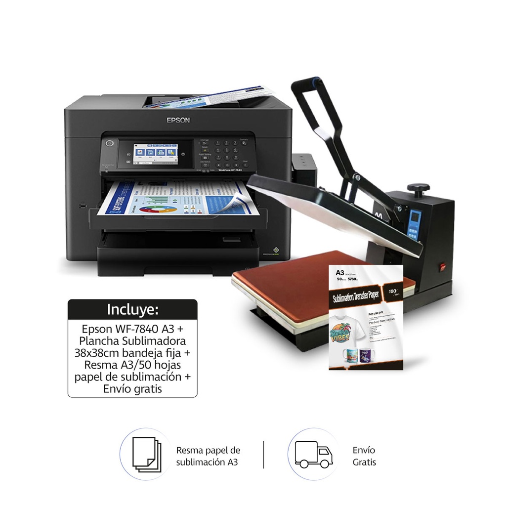 Combo de Sublimacion: Epson WF-7840 A3/A4 + Plancha Sublimadora manual 38x38cm, bandeja fija