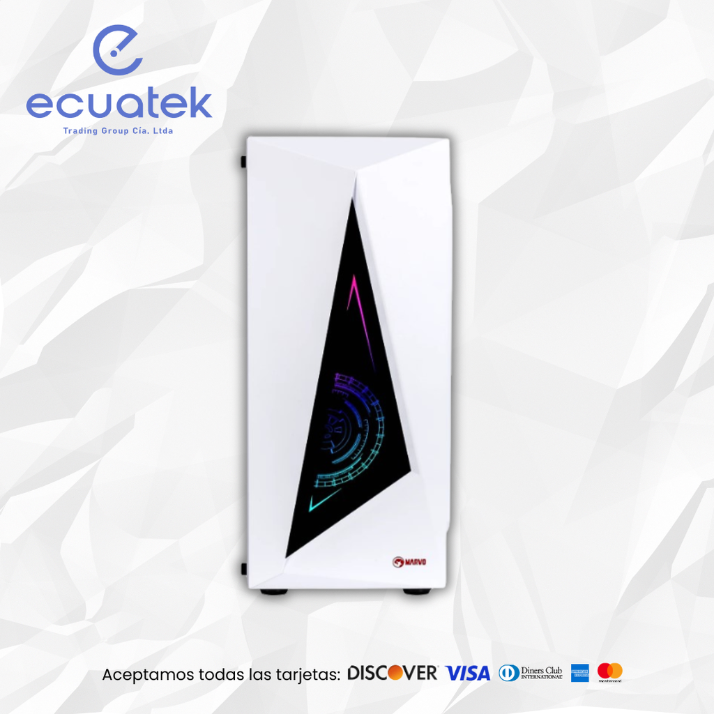Case Pc Gamer Marvo CA-119WH, Cubierta Metalica, Panel lateral plastico, Frontal metalico, Usb 3.0, 2Usb 2.0, Black Malla y led Rgb, Audio HD, Usb 3.0 y 2.0, color Blanco