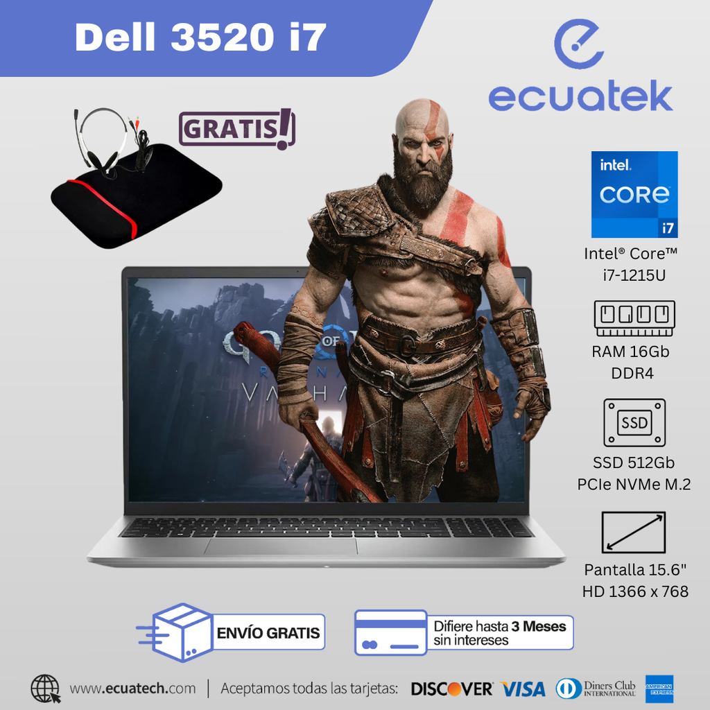 Laptop Dell Inspiron 3520 Core i7 1255U, 12th Gen, 16GbB Ram, 512Gb SSD, Pan 15.6" FHD, 3Usb, Lector de memoria,  color Silver, Wind11+ estuche cobertor+Audifonos