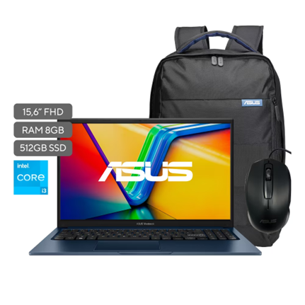 Laptop ASUS X1504VA-BQ3475M i3-1315U/5, RAM 8Gb, 512 SSD, 15.6" FHD Silver, GRATIS MOCHILA Y MOUSE