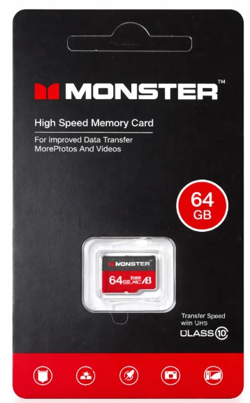 MICRO SD 64GB MONSTER 180MB/s, 130MB/s Clase 10 U3 A1 VIDEO 4K