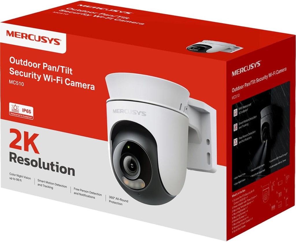 CAMARA MERCUSYS MC510 OUTDOOR 2K IP65 DETECCION DE IA SMART, VISION NOCTURNA COLOR, SOPORTA MICROSD HASTA 512GB