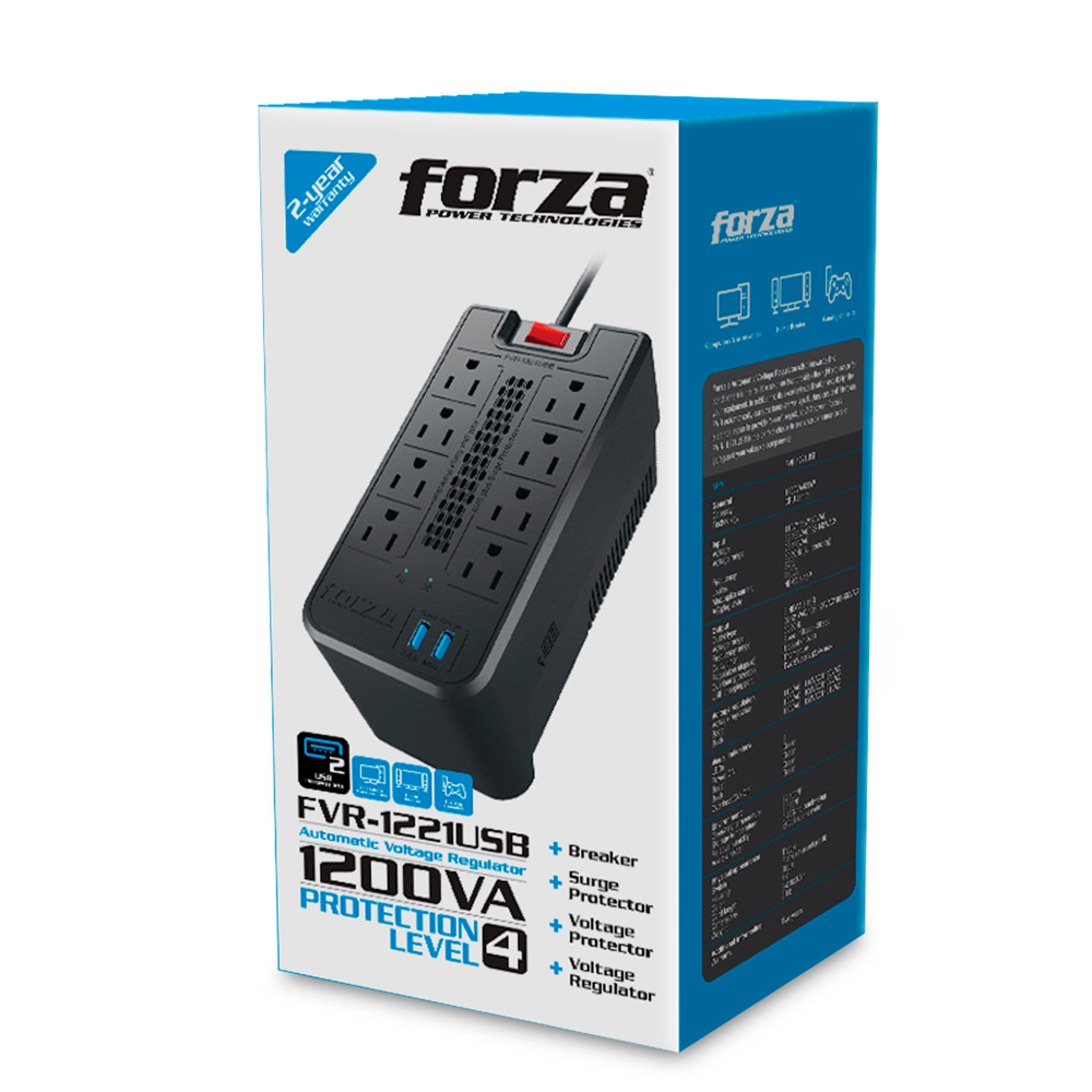 Regulador de Voltaje Forza FVR-1221USB 1200VA, 600W, 8 tomas,  2 USB, Nuevo, garantia 1 año