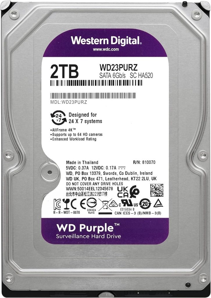 Disco duro Western Digital Purple Surveillance WD23PURZ  Interno 2Tb, 3.5 para Videovigilancia