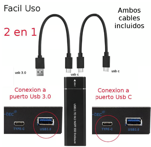 Encluoser M.2 Dual Usb & C para Discos M.2 SSD 3.1, Puerto C y Usb, Negro