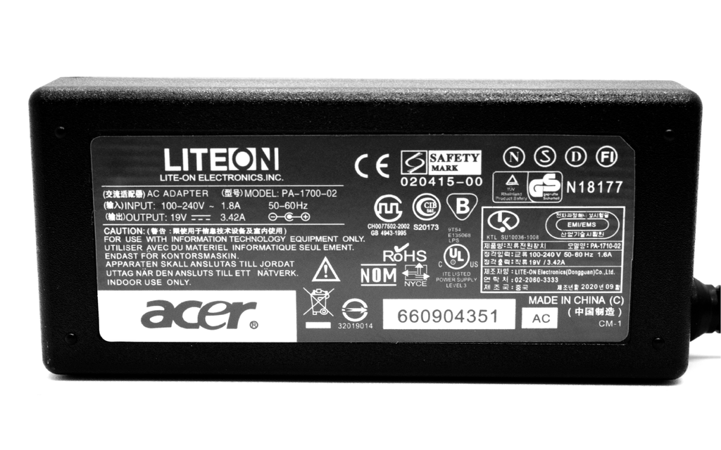 Cargador Laptop ACER 19V/3.42A/65W/5.5*1.7mm, Plug Amarillo, Original