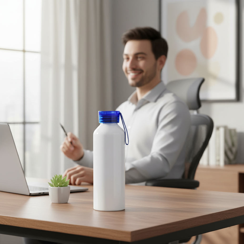 Tomatodo de Aluminio Sublimable, blanco, 750ml, Tapa de color azul