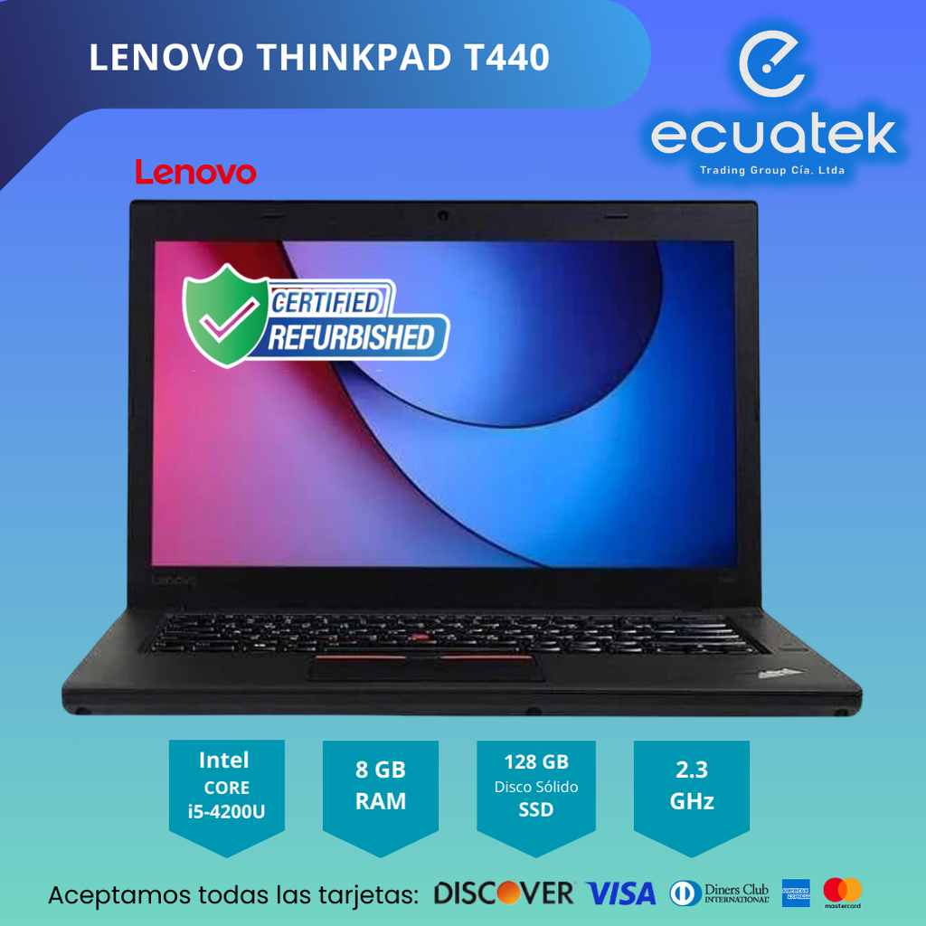 Laptop Lenovo Thinkpad T440, Procesador i5 4200U 2.3 GHz, 4th,  Ram 8Gb,  Disco 128Gb SSD,  Display 14", Webcam, Teclado Ingles, no DVD-RW,  Windows 10, Renovada,  garantia 1 año