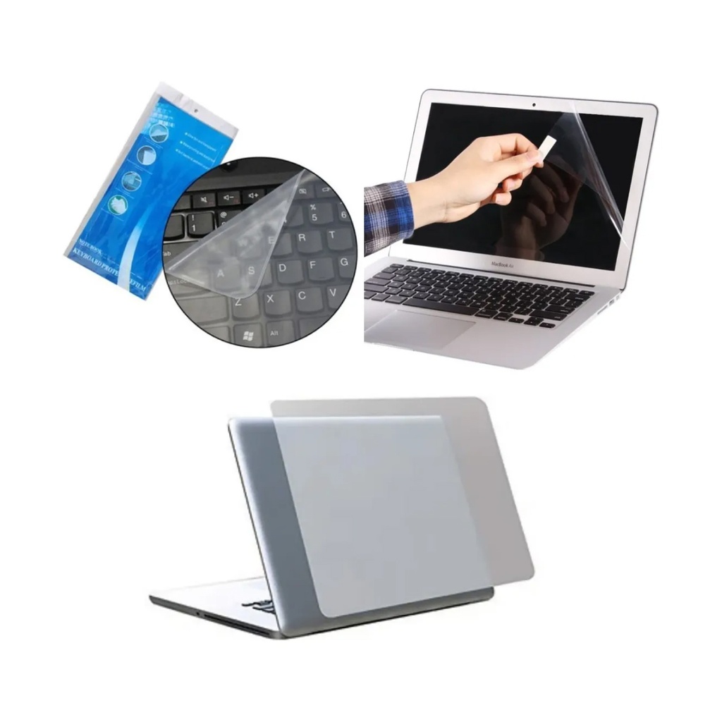 Pack Mica Protectora 3 en 1 de Laptop 15.6, cubre Pantalla, cubre Teclado,  cubre Estetico posterior, material Transparente, Antirayones