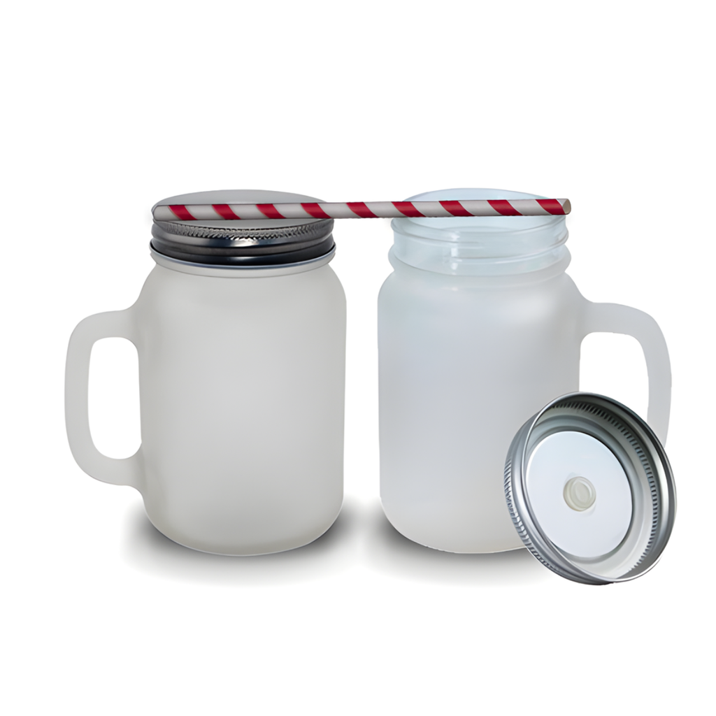 Jarro de vidrio Mason 11oz, biselado/frozen, tapa plateada y sorbete