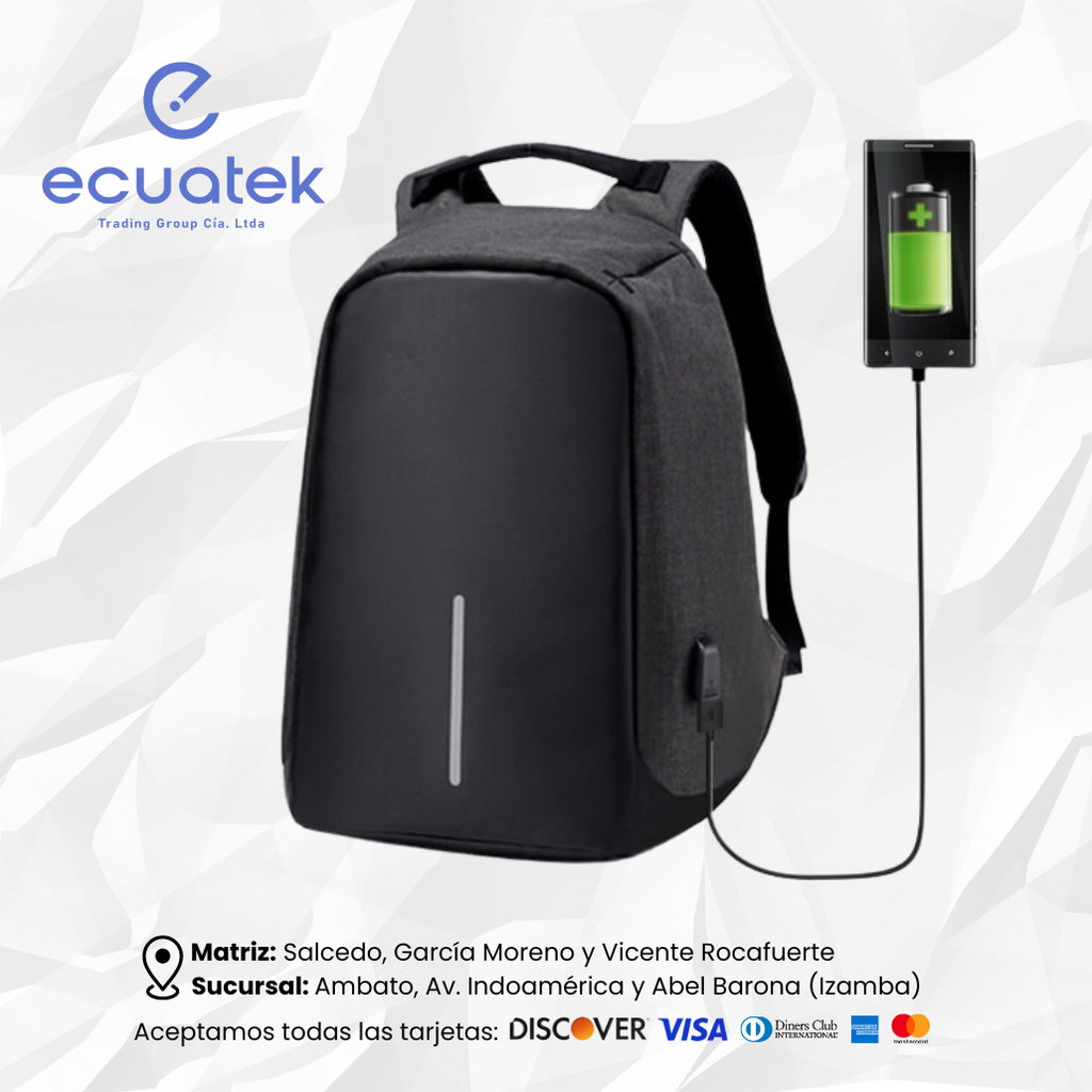 Mochila antirrobo para portatil 14" y 15,6", Multiples compartimentos, resitente al agua y salpicaduras, cierre secreto, con Puerto para Power Bank