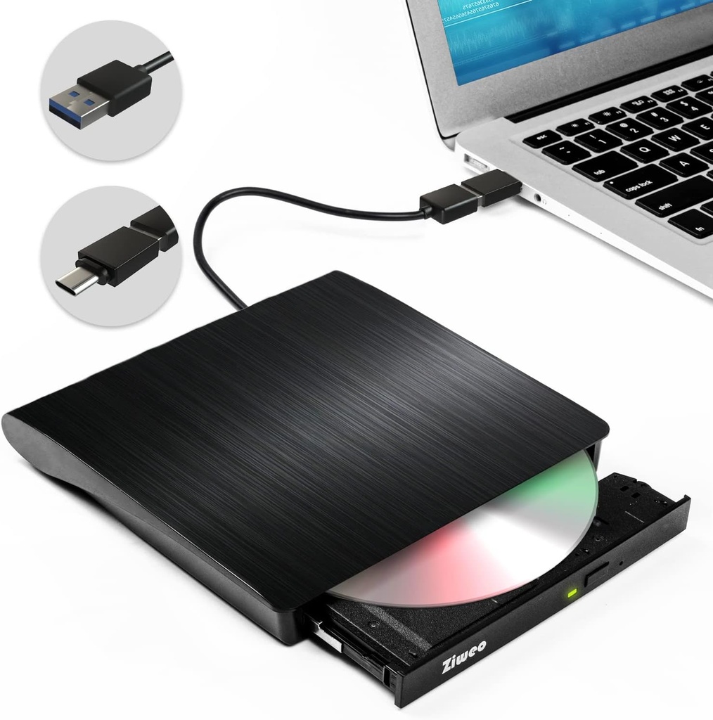 DVD-WR Externo, Usb 3.0, Portatil, CD, DVD, Compacto, Delgado, para Laptop, compatible con PC, Windows Linux OS, Apple Mac Negro