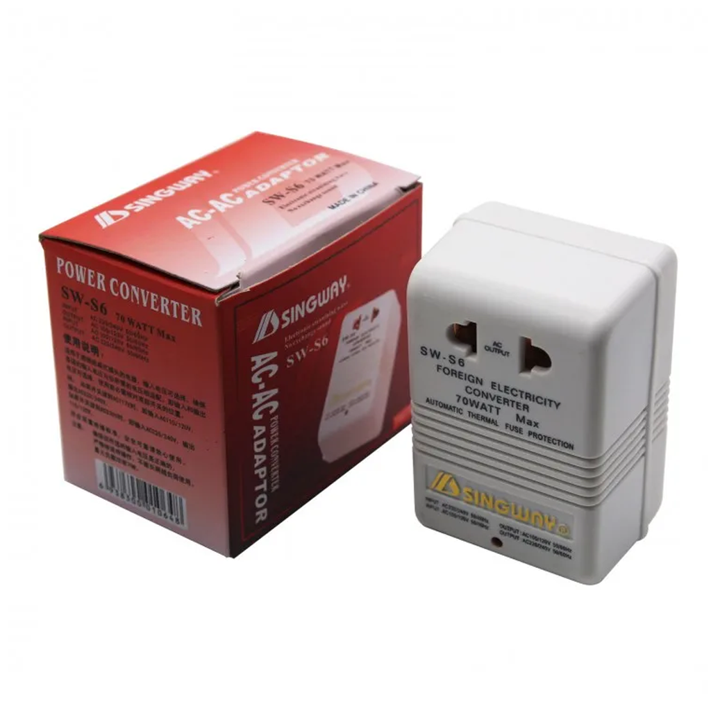 Transformador Convertidor de Voltaje SINGWAY SW-S6 70 Watt, 110V 120V a 220V, 240V 70W,  50Hz-60Hz, Transformador de doble canal