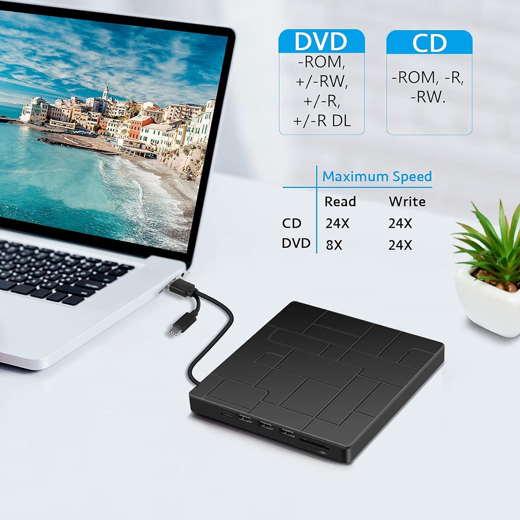 Dvd Writer Externo, 3.0, Portátil  para CD, DVD + RW, 3 Puertos Usb+1puerto Microsd