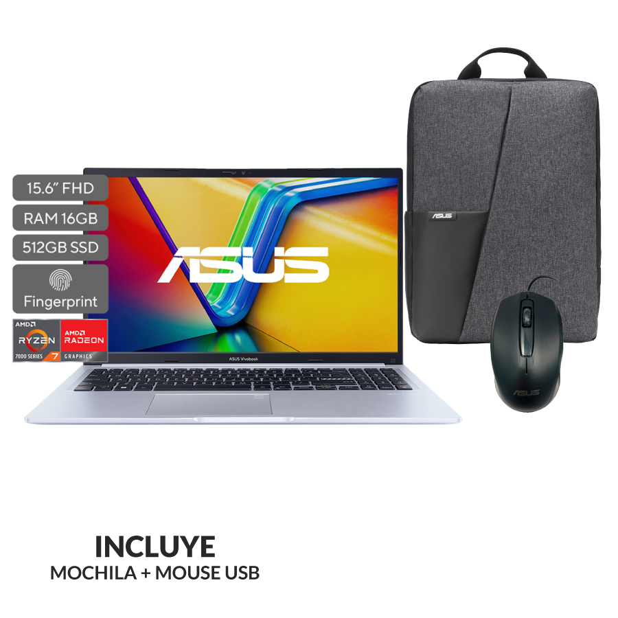 Laptop ASUS M1502YA-NJ673 Ryzen 7-7730U, RAM 16Gb 512 SSD 15.6 FHD Silver GRATIS MOCHILA Y MOUSE