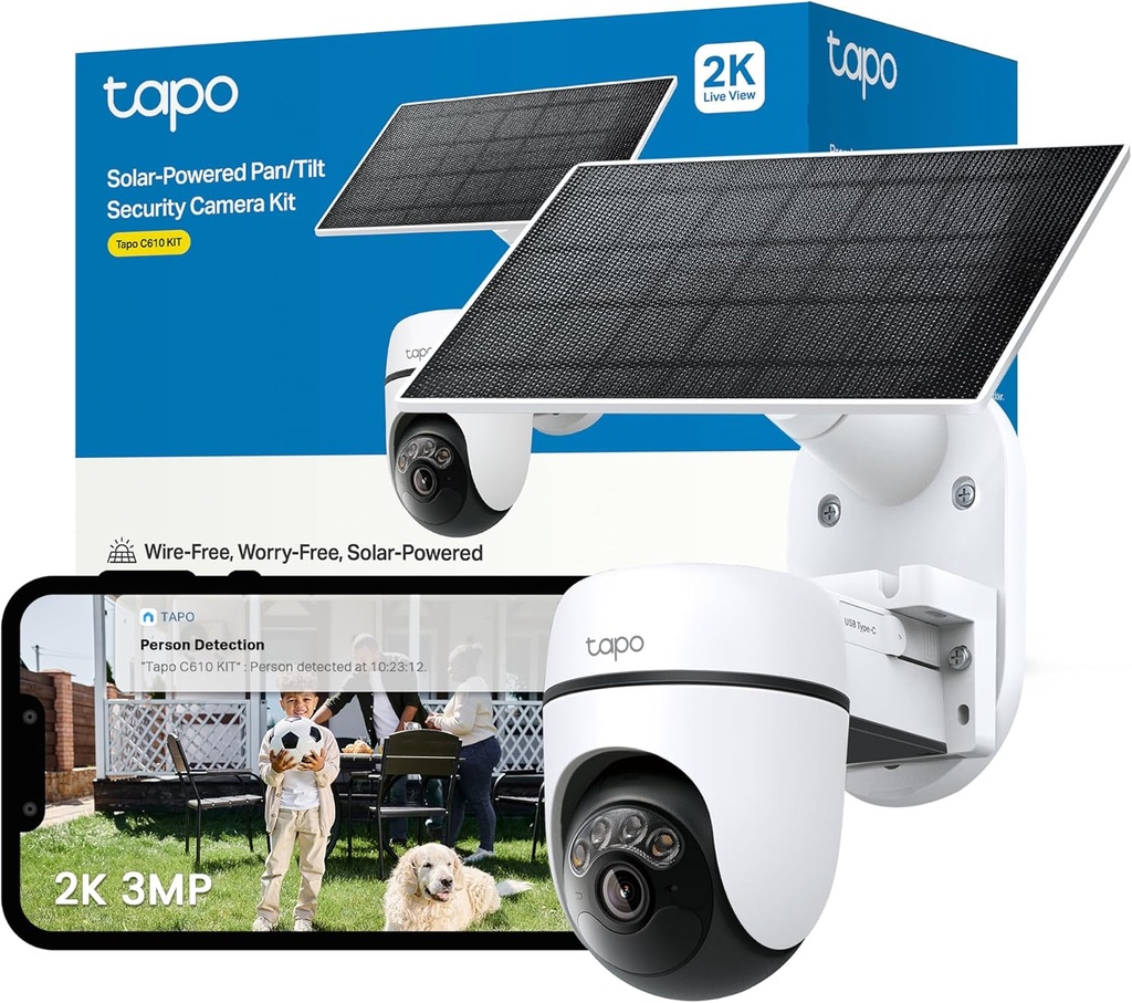 CAMARA TPLINK TAPO C610, CON KIT PANEL SOLAR, INALAMBRICA, VISION NOCTURNA COLOR, IA 360º, IP65, COMPATIBLE CON ALEXA Y GOOGLE