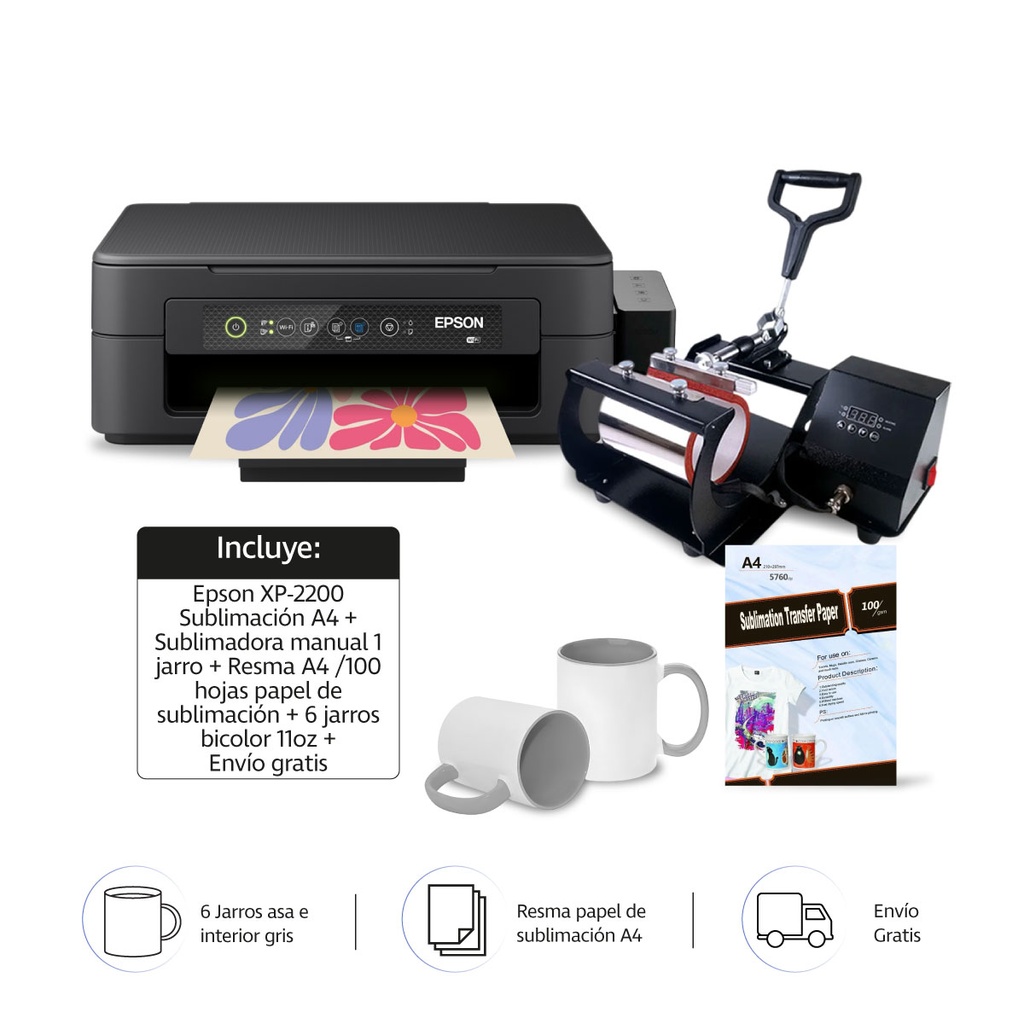 Combo de Sublimacion: Epson XP-2200 A4 + Sublimadora manual de 1 jarro/11oz