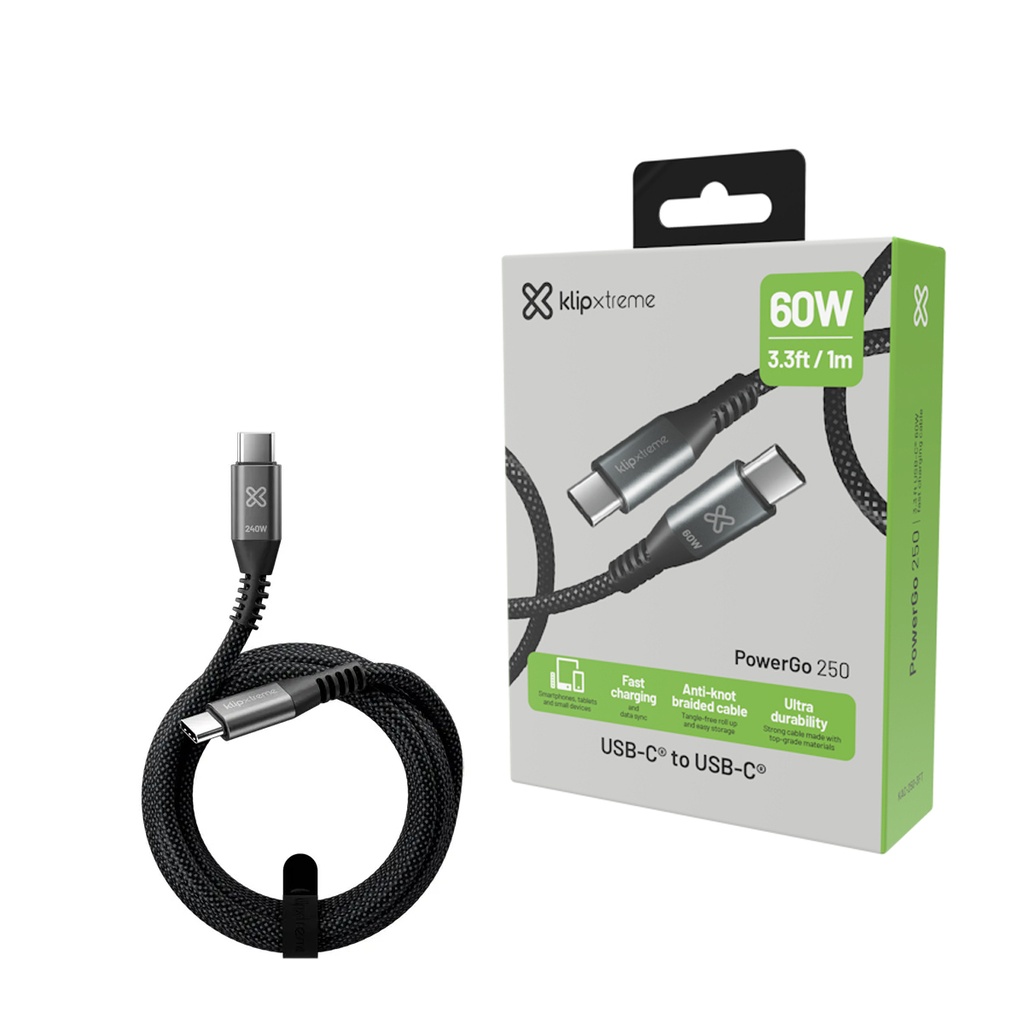 Cable USB C to USB C - Klip Xtreme - 24 pin - 1m - Black - 60W Carga Rapida