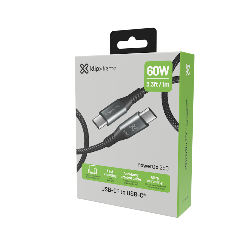 Cable USB C to USB C - Klip Xtreme - 24 pin - 1m - Black - 60W Carga Rapida
