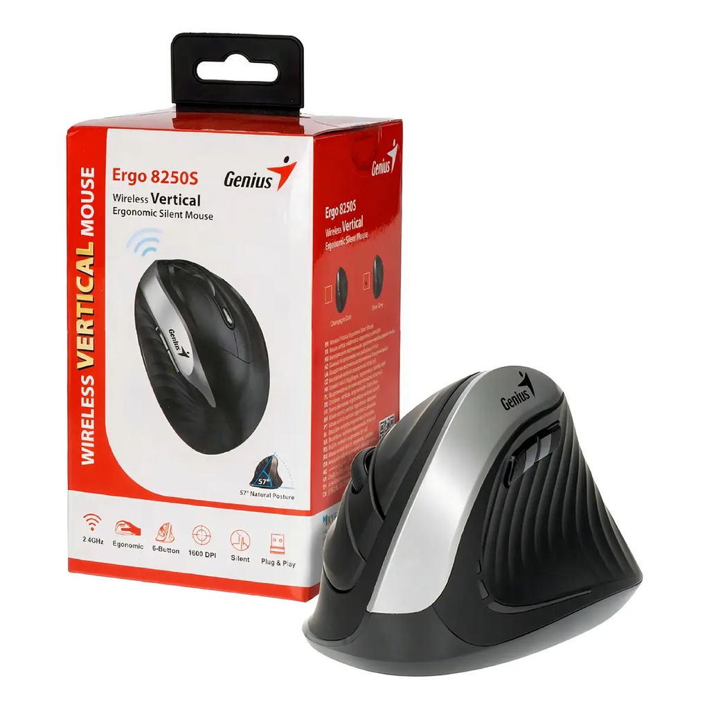 MOUSE WIRELESS GENIUS ERGONOMICO 8250 SILVER VERTICAL SILENCIO RF 2.4GHZ PILA AA X 1
