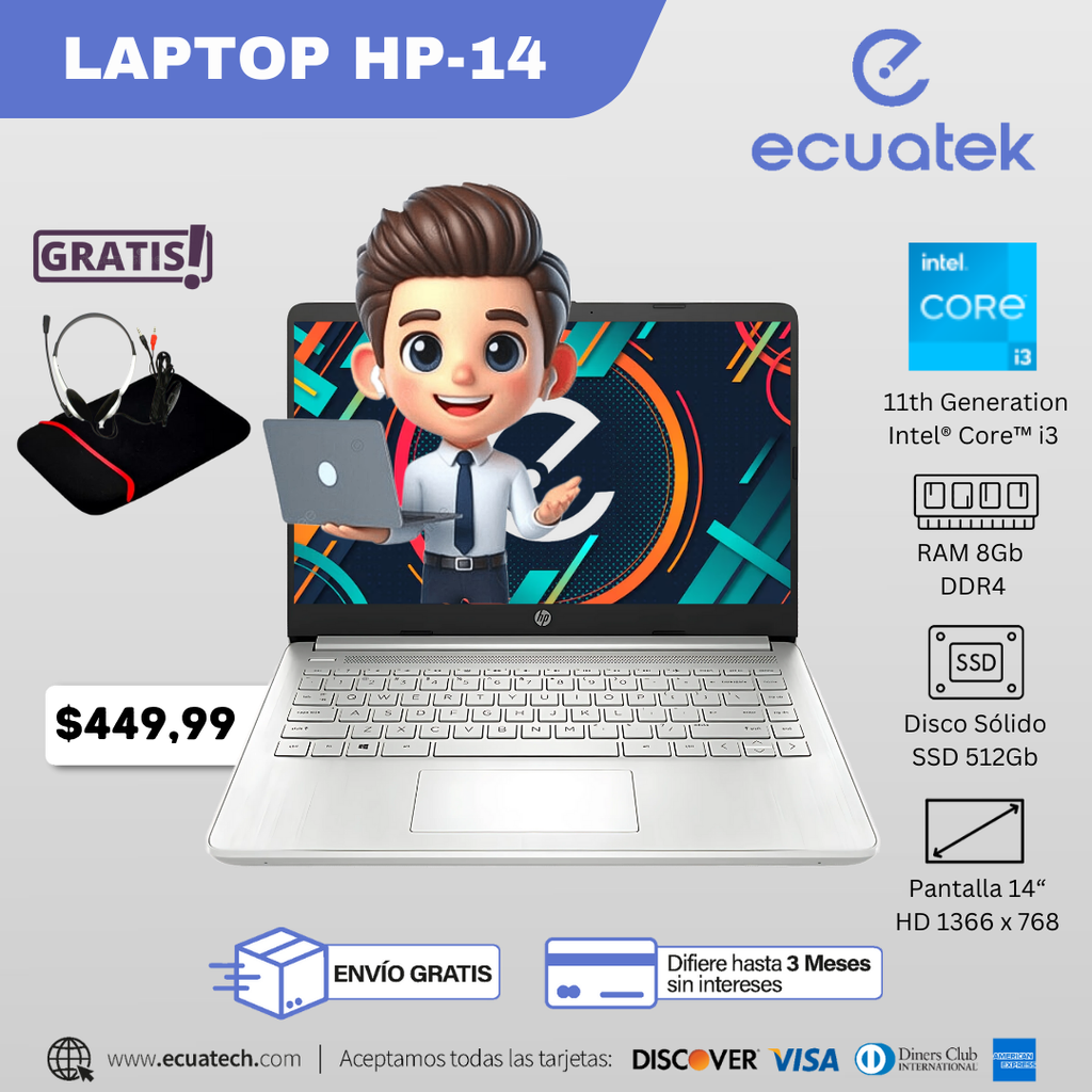 Laptop HP 14-DQ2529LA Core i3 1115G4, 11va Gen, Ram 8Gb, Disco SSD 512Gb, 14" HD, con SO