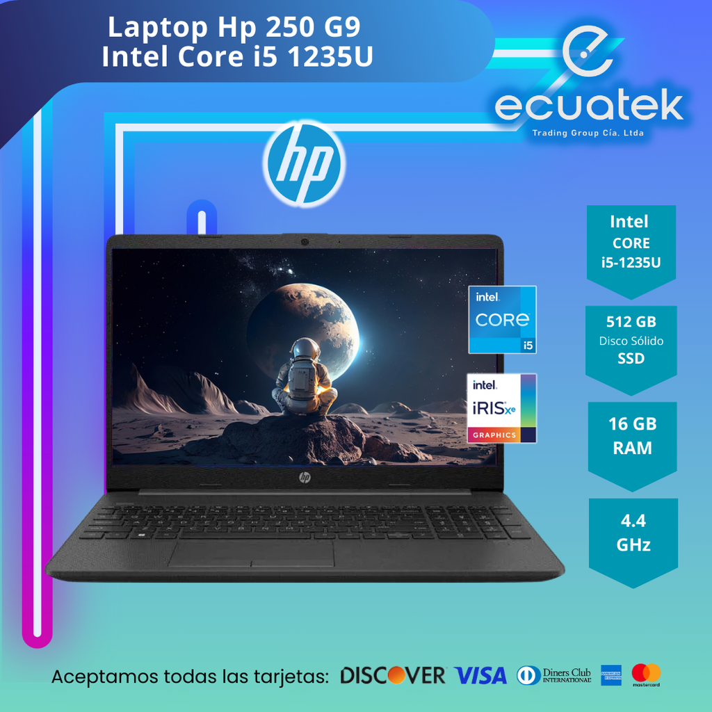 Laptop Hp 250 G9 Intel Core i5 1235U, 12va Gen, Ram 16Gb, Disco SSD 512Gb, 15.6" FHD, Hdmi, 2 Usb, 1 Usb Tipo C, color gris obscuro + Audifono + Estuche protector