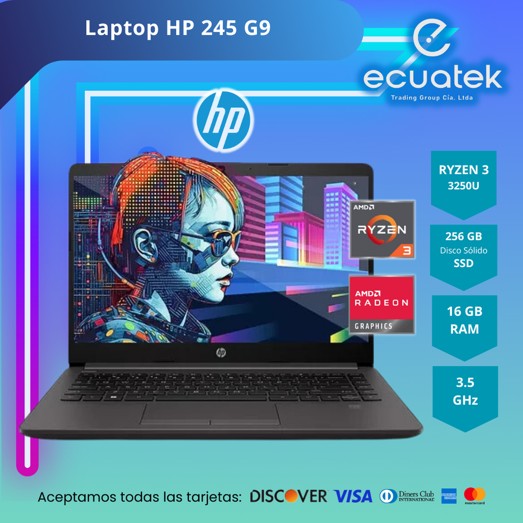 Laptop HP 245 G9 Ryzen 3 3250U, Ram 16Gb, Disco 256Gb SSD, 14" HD,  +Audifono+Estuche protector